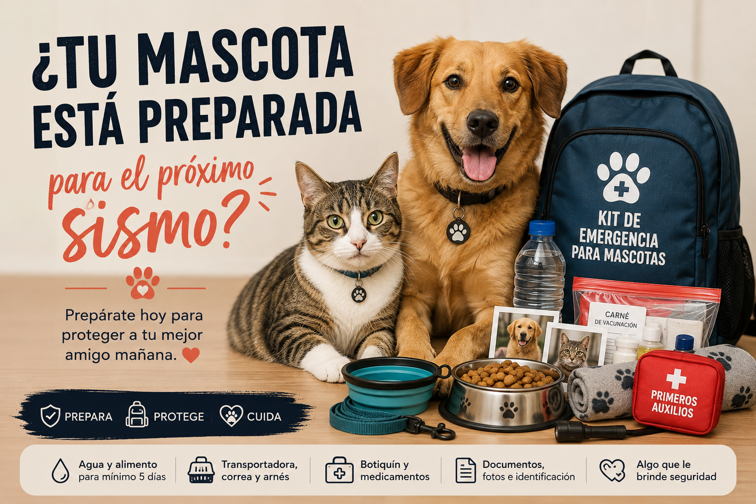 Kit de emergencia para perros y gatos: prepárate antes de que vuelva a temblar
